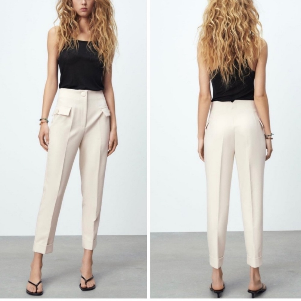 Zara Trousers Straight Leg Cuffed in Ivory